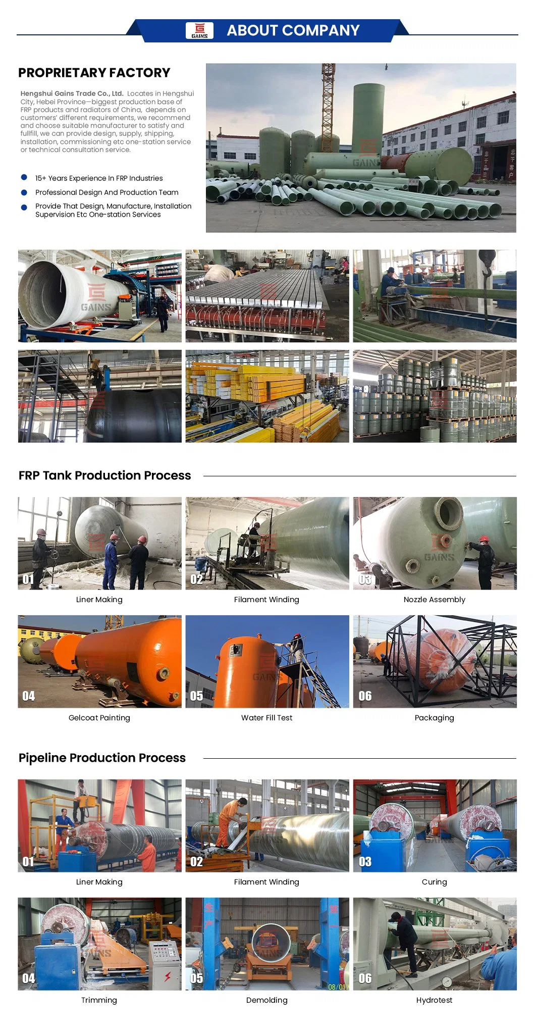 Gains FRP Large Winding Storage Tank Manufacturing China Filament Winding Vertical-Setting FRP Chemical Tanks